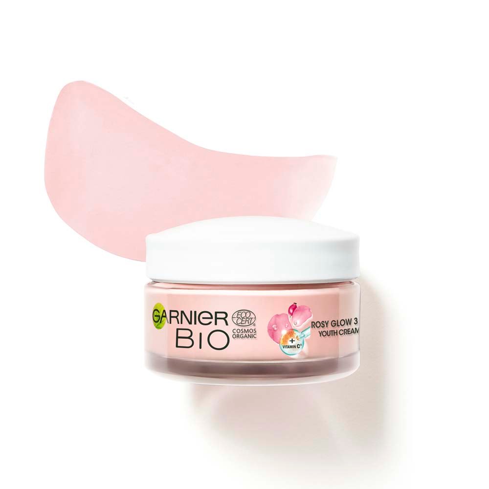 3600542397612 Garnier BIO Rosy Glow Face Youth Cream closedwithswatch